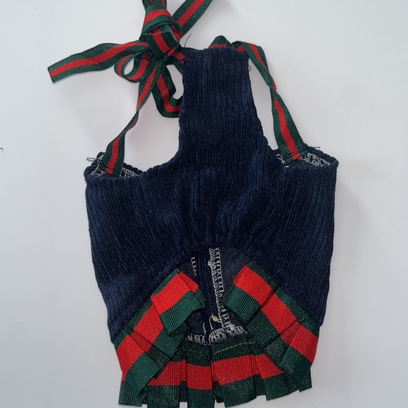 NWT Navy Blue Corduroy Pet Dress with Green & Red Ribbon Straps - Picture 4 of 5